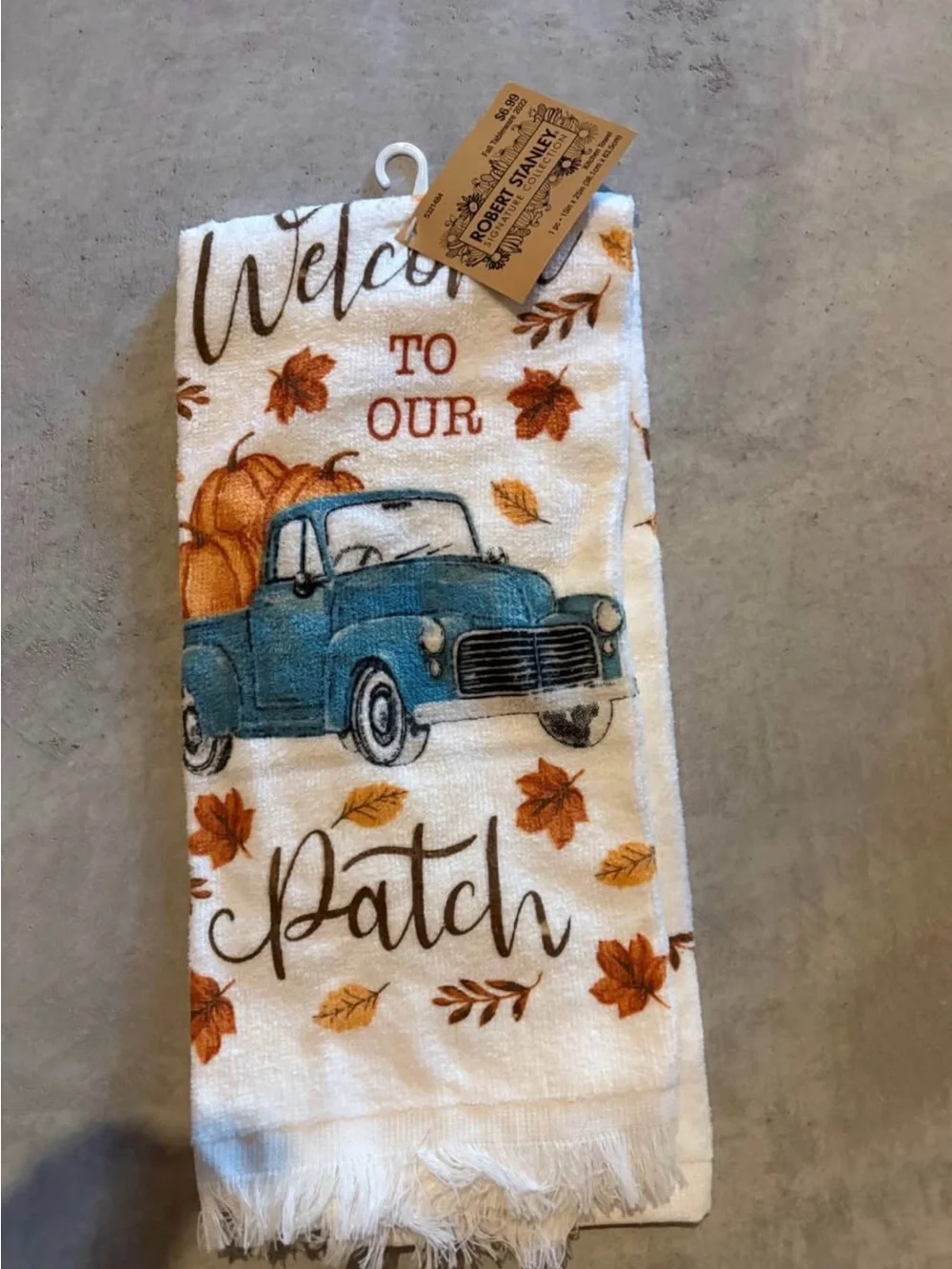 Robert Stanley Blue Vintage Truck 'Welcome to Our Patch' Fall Kitchen Towel